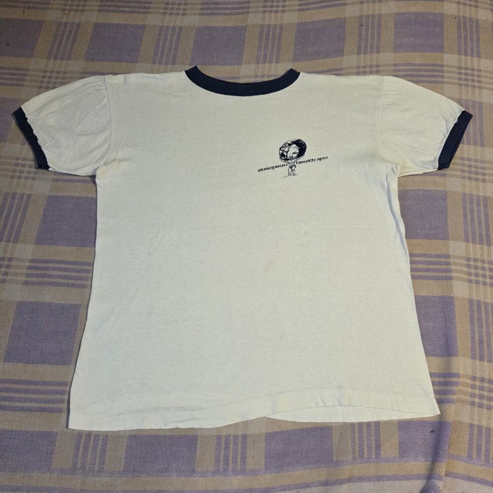 Vintage 70s European Health Spa Ringer T Shirt White body Building World Rare